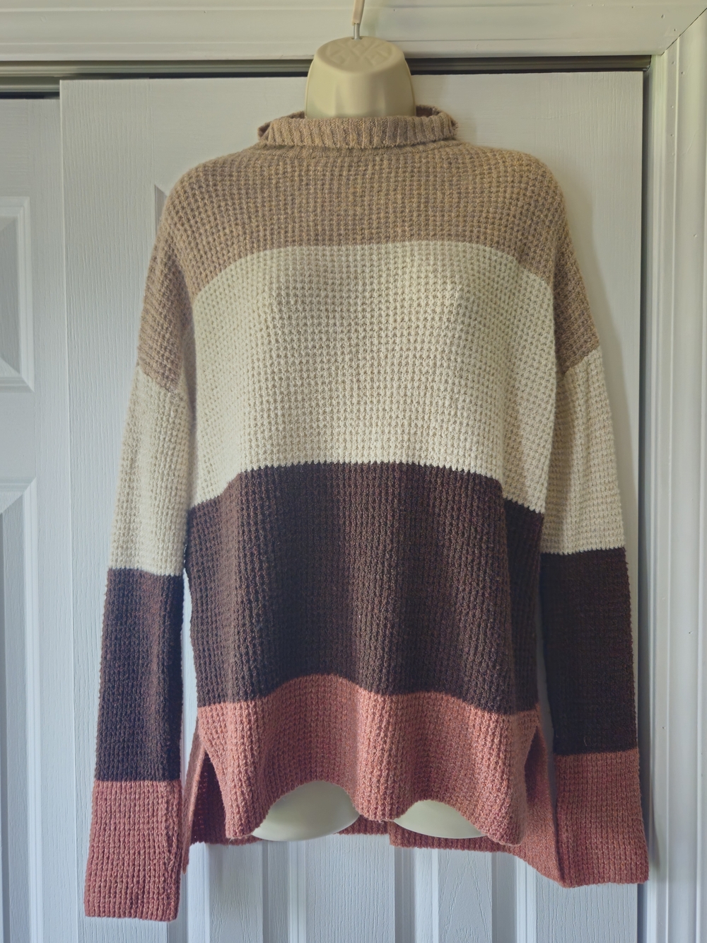 SO Striped Cowl Neck Sweater in Beige, Cream, Brown & Dusty Rose
